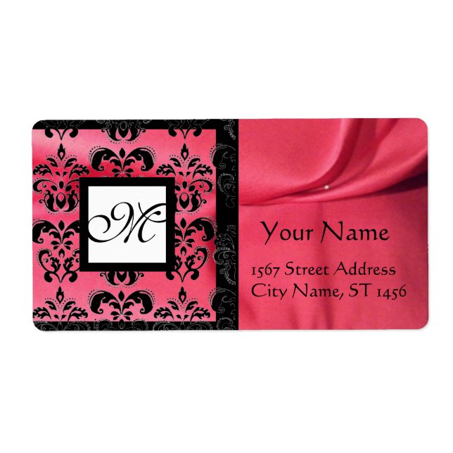 FUCHSIA BLACK PINK SILK DAMASK, SQUARE MONOGRAM LABEL (Front)