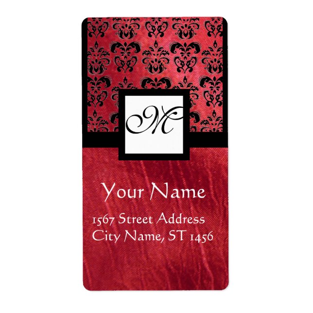 FUCHSIA BLACK RED SILK DAMASK, SQUARE MONOGRAM LABEL (Front)