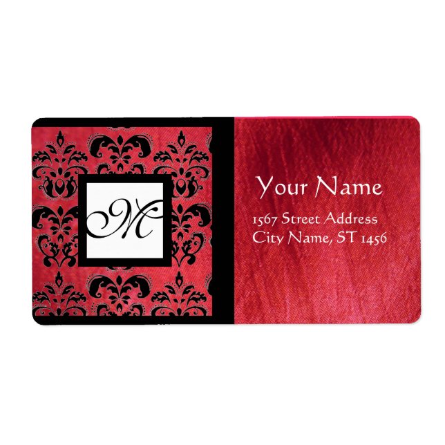 FUCHSIA BLACK RED SILK DAMASK, SQUARE MONOGRAM LABEL (Front)