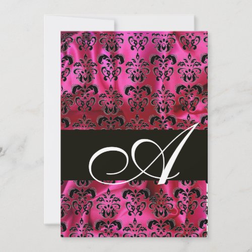 FUCHSIA  BLACK SILK CLOTH DAMASK MONOGRAM white Invitation