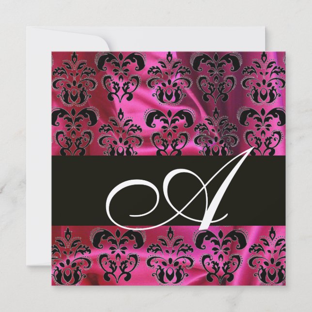 FUCHSIA  BLACK SILK  DAMASK MONOGRAM , Gold Metal Invitation (Front)