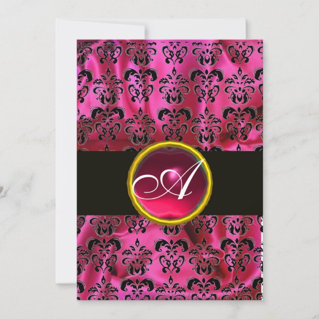 FUCHSIA  BLACK SILK DAMASK RUBY MONOGRAM ,white Invitation (Front)