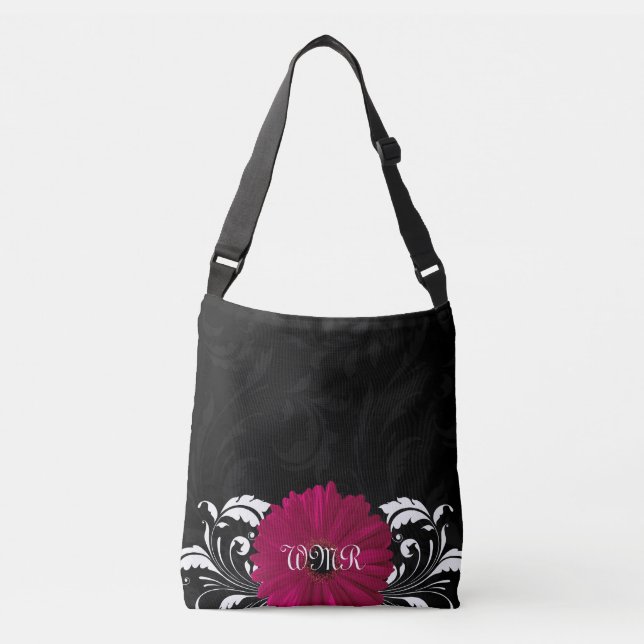 Fuchsia, Black/White Gerbera Daisy Crossbody Bag (Front)