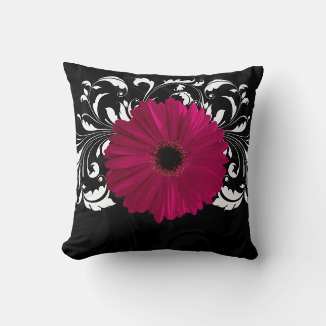 Fuchsia, Black/White Gerbera Daisy Throw Pillow (Front)