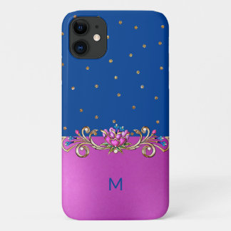Fuchsia Blue and Gold Jeweled Monogrammed iPhone 11 Case