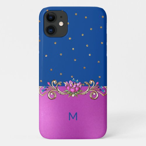 Fuchsia Blue and Gold Jeweled Monogrammed iPhone 11 Case