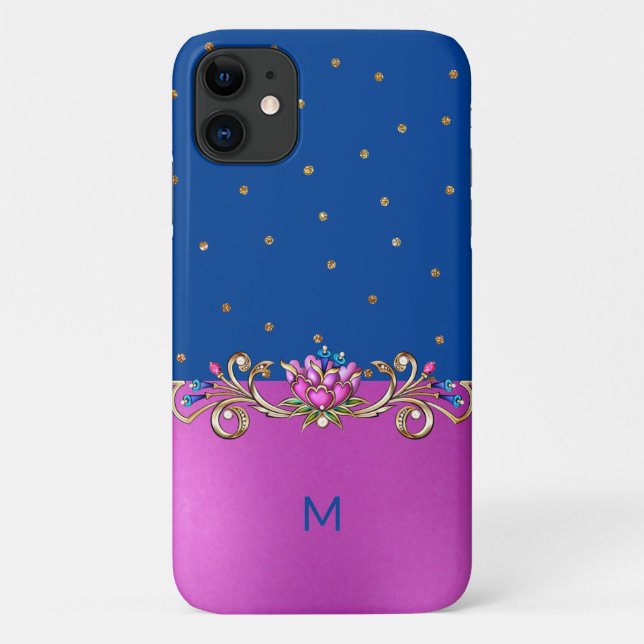 Fuchsia Blue and Gold Jeweled Monogrammed Case-Mate iPhone Case (Back)