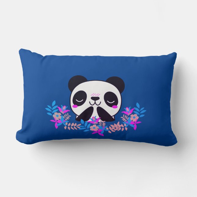 Fuchsia & Blue Floral Panda Bear Lumbar Pillow (Front)