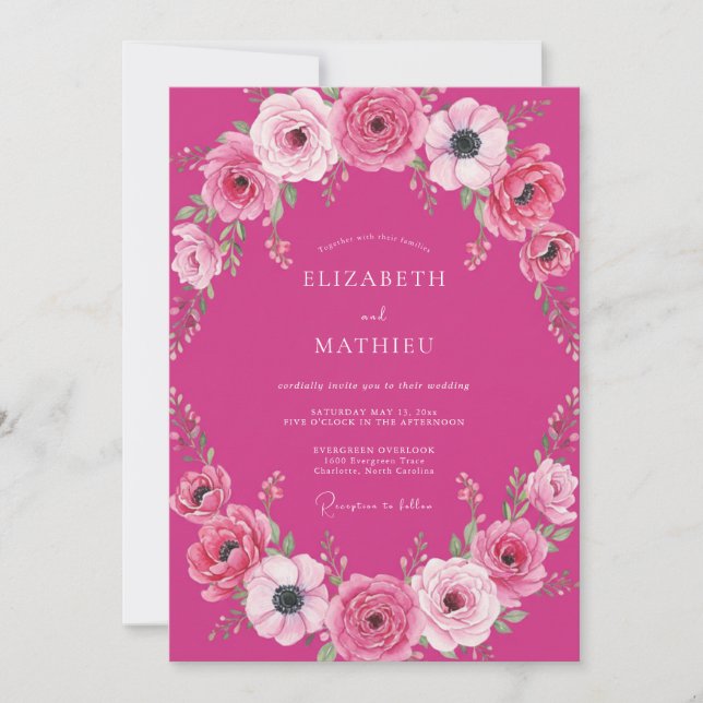 Fuchsia Bold Watercolor Romantic Wedding Invitation (Front)