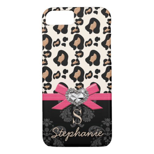 Fuchsia Bow Heart Shaped Faux Bling Leopard Print iPhone 87 Case