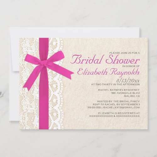 Fuchsia Bow &amp; Lace Bridal Shower Invitations
