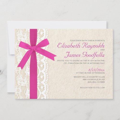Fuchsia Bow &amp; Lace Wedding Invitations