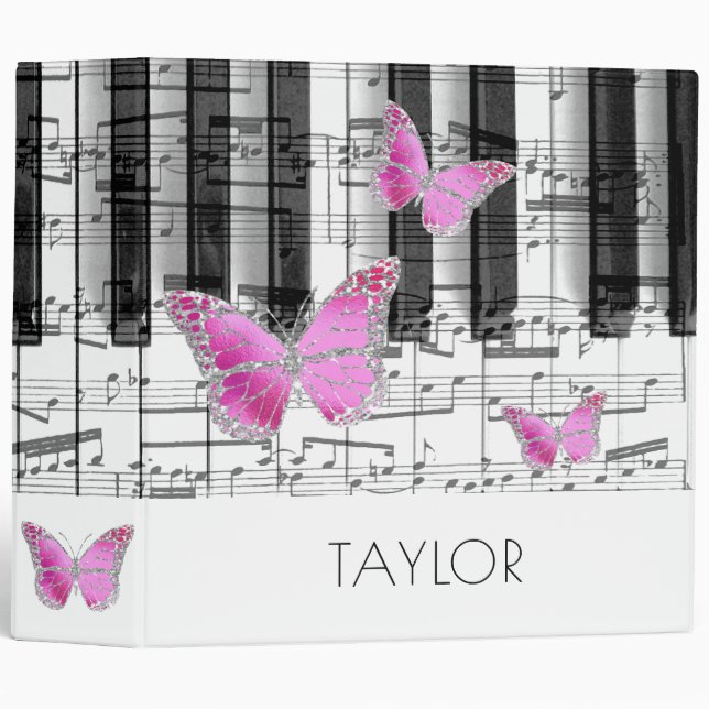 fuchsia butterflies music piano 3 ring binder (Front/Spine)