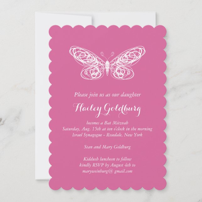 Fuchsia Butterfly Bat Mitzvah Invitation (Front)