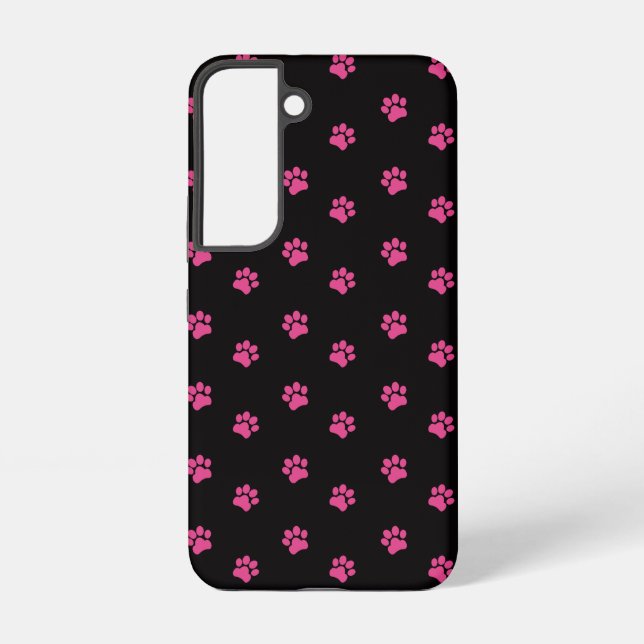  Fuchsia Cat Paw Pattern on Black Background Samsung Galaxy Case (Back)