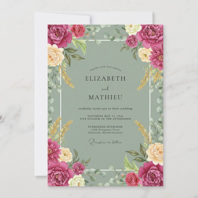 Fuchsia Celadon Ranunculus Eucalyptus Wedding Invitation (Front)