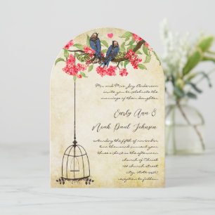 Fuchsia Cherry Blossom Love Birds Birdcage Wedding Invitation