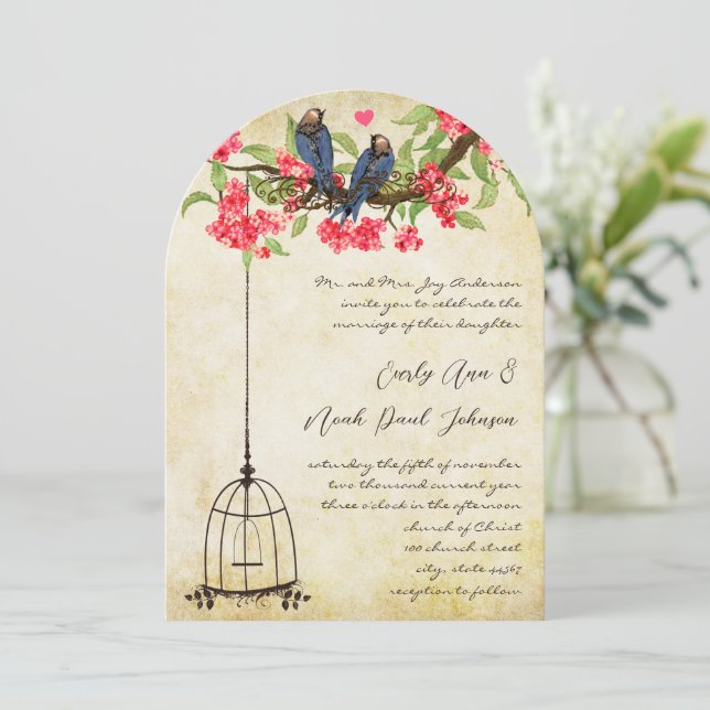 Fuchsia Cherry Blossom Love Birds Birdcage Wedding Invitation (Standing Front)