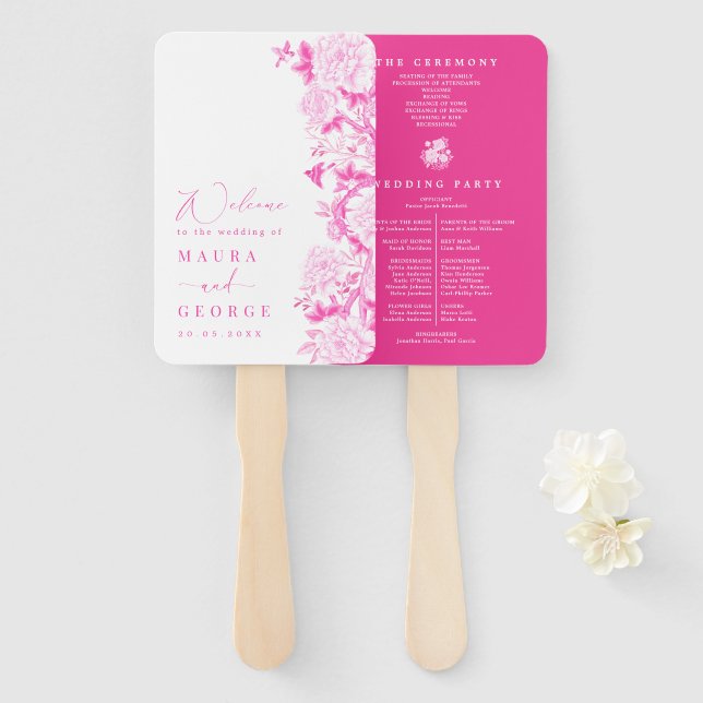 Fuchsia Chinoiserie Floral Garden Wedding Program Hand Fan (Front and Back)