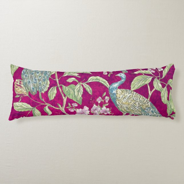 Fuchsia Chinoiserie peacock floral  Body Pillow (Front)