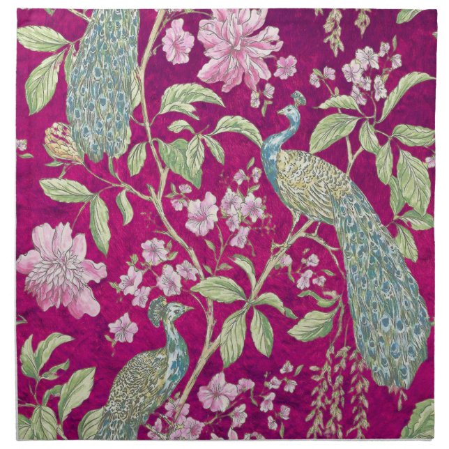 Fuchsia Chinoiserie peacock floral  Cloth Napkin (Front)