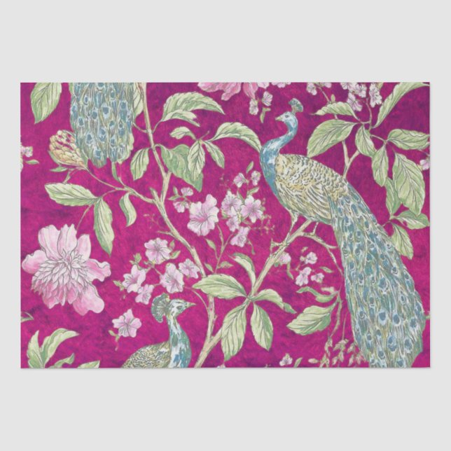 Fuchsia Chinoiserie peacock floral decoupage Tissue Paper (Front)
