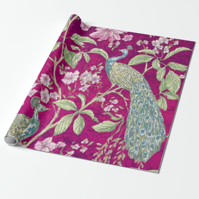 Fuchsia Chinoiserie peacock floral decoupage Wrapping Paper (Unrolled)