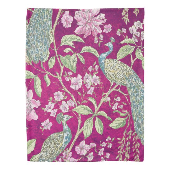 Fuchsia Chinoiserie peacock floral  Duvet Cover (Front)