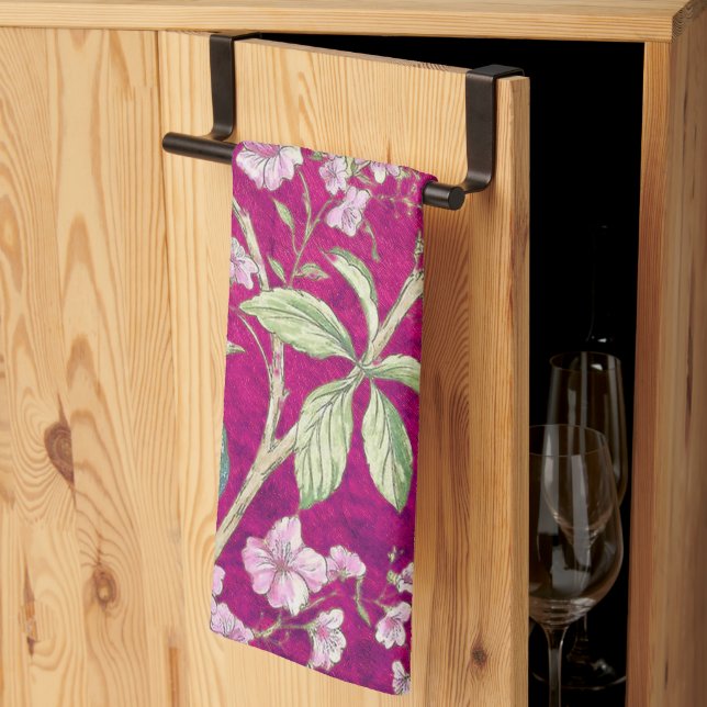 Fuchsia Chinoiserie peacock floral  Kitchen Towel (Thirds Fold)