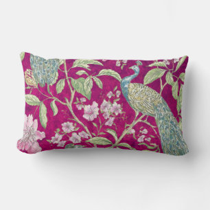 Fuchsia Chinoiserie peacock floral Lumbar Pillow