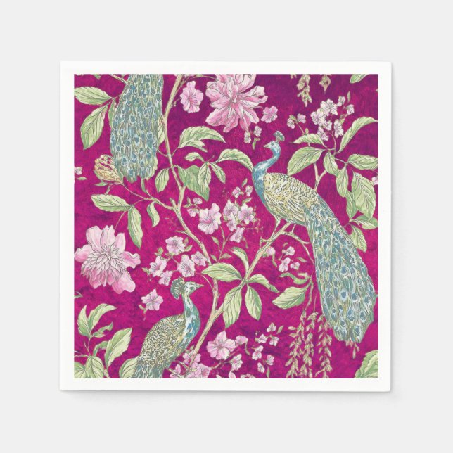 Fuchsia Chinoiserie peacock floral  Napkins (Front)