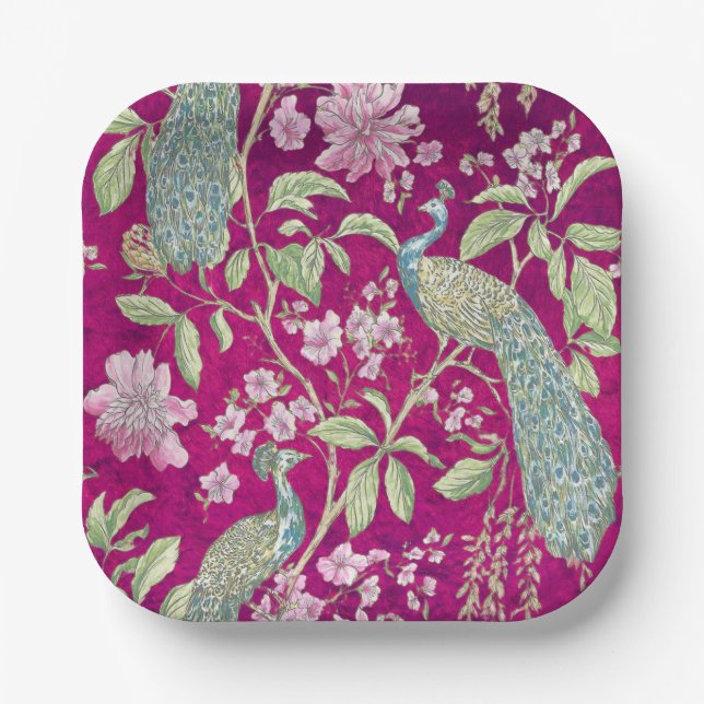 Fuchsia Chinoiserie peacock floral  Paper Plates (Front)