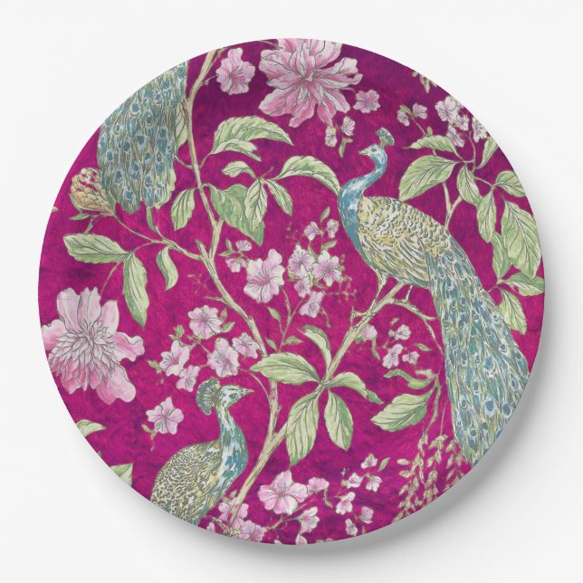 Fuchsia Chinoiserie peacock floral  Paper Plates (Front)