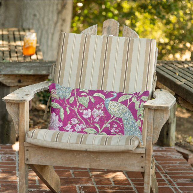 Fuchsia Chinoiserie Peacock Floral Patio Outdoor Lumbar Pillow (Chair)