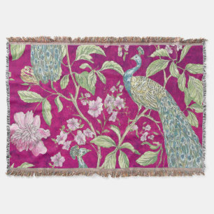 Fuchsia Chinoiserie peacock floral Throw Blanket