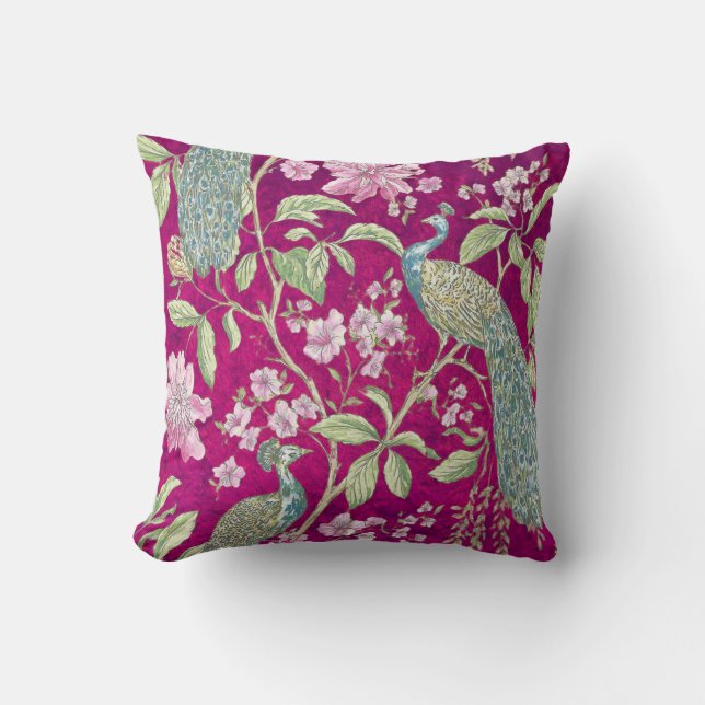 Fuchsia Chinoiserie peacock floral  Throw Pillow (Front)