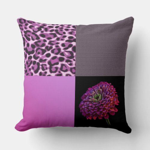 Fuchsia Chrysanthemum Flower Leopard Print Modern Throw Pillow
