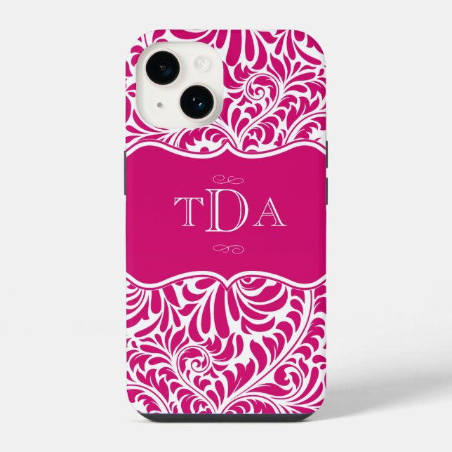 Fuchsia Color Damask Pattern Design Monogrammed Ca Iphone Case (Back)