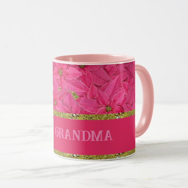 Fuchsia colored poinsettias, custom christmas  mug (Front Right)