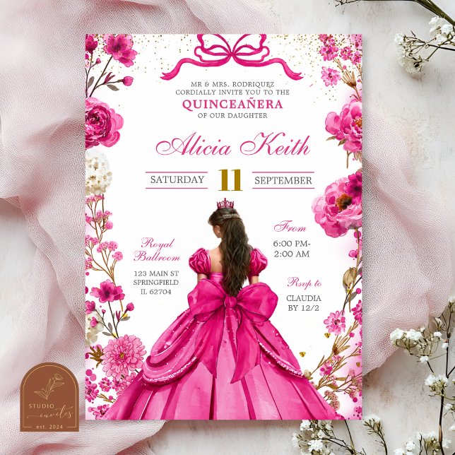 Fuchsia coquette bow princess quinceanera invitati invitation (Creator Uploaded)
