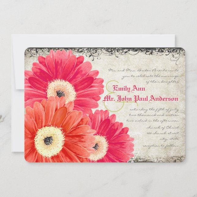 Fuchsia Coral Orange Gerber Daisy Wedding Invite (Front)