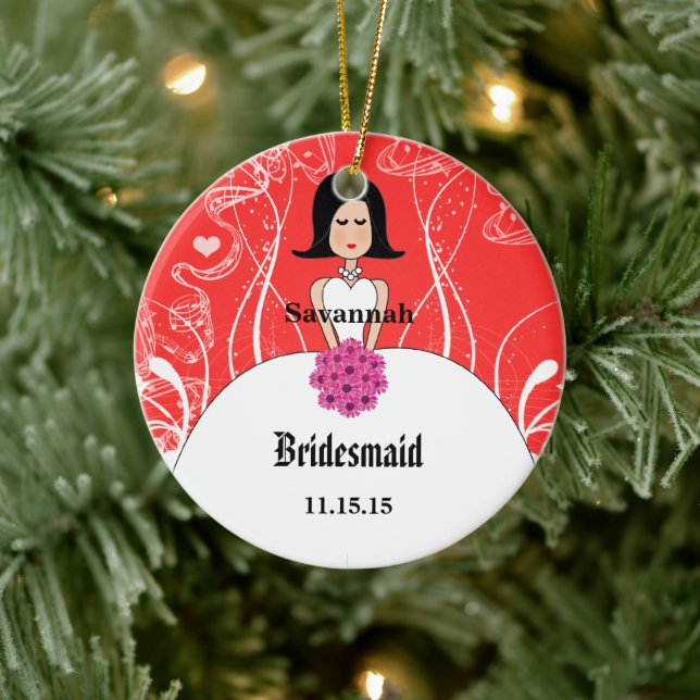Fuchsia & Coral Wedding Black Hair  Bridesmaid Ceramic Ornament (Tree)
