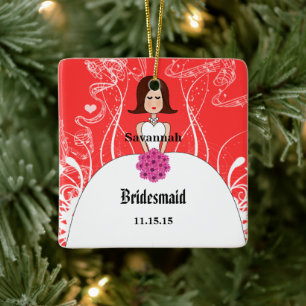Fuchsia & Coral Wedding Brown Hair Bridesmaid Ceramic Ornament