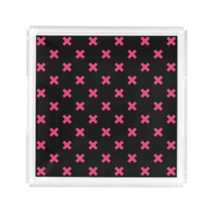 Fuchsia cross stitches on black acrylic tray