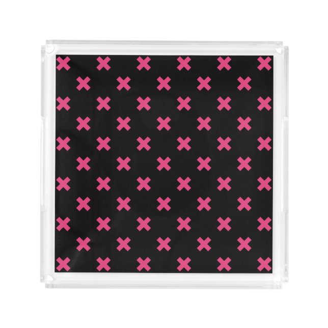 Fuchsia cross stitches on black acrylic tray (Front)