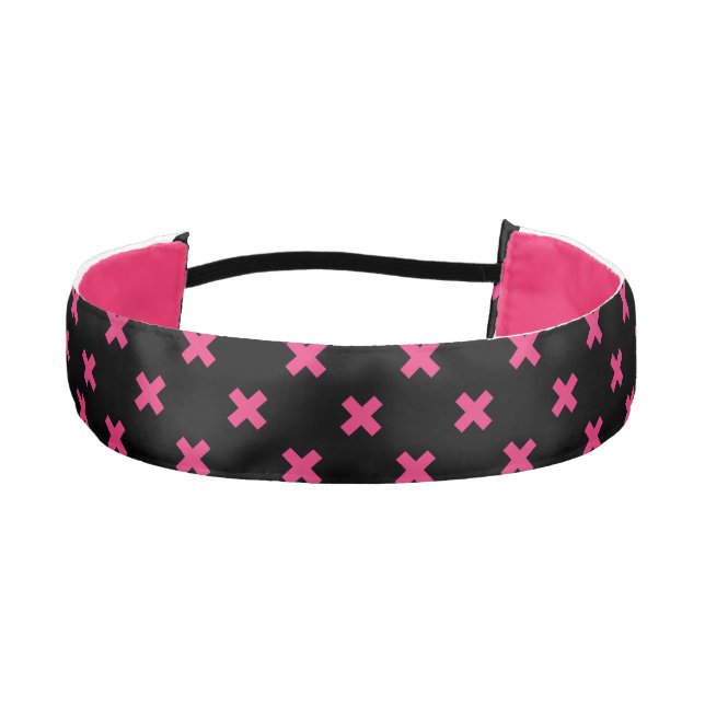 Fuchsia cross stitches on black athletic headband (Front)