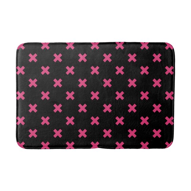 Fuchsia cross stitches on black bath mat (Front)