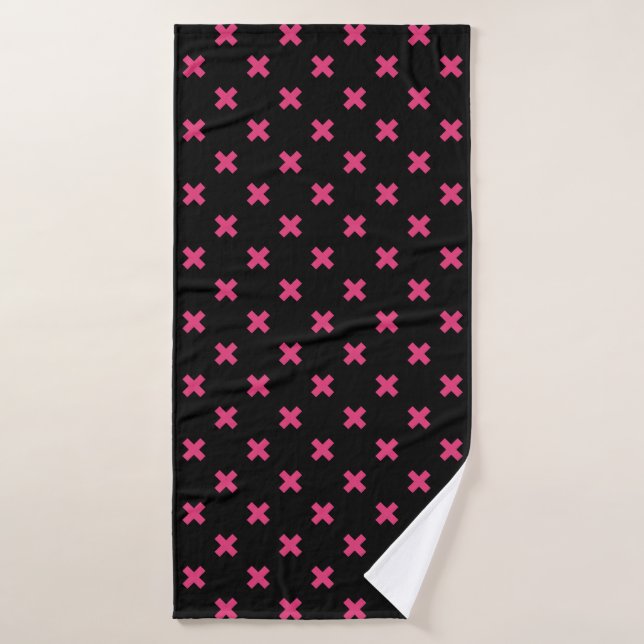 Fuchsia cross stitches on black bath towel (Bath Towel)