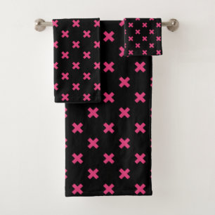 Fuchsia cross stitches on black bath towel set