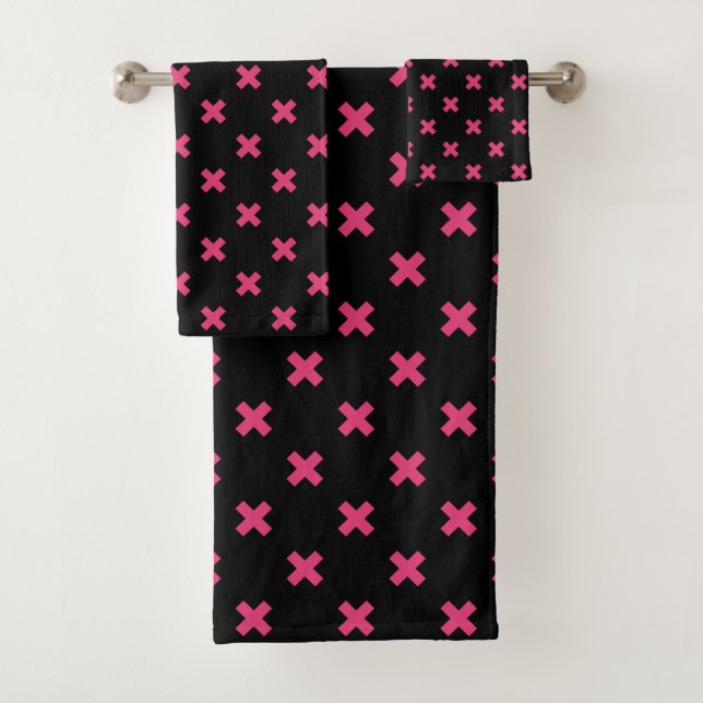 Fuchsia cross stitches on black bath towel set (Insitu)